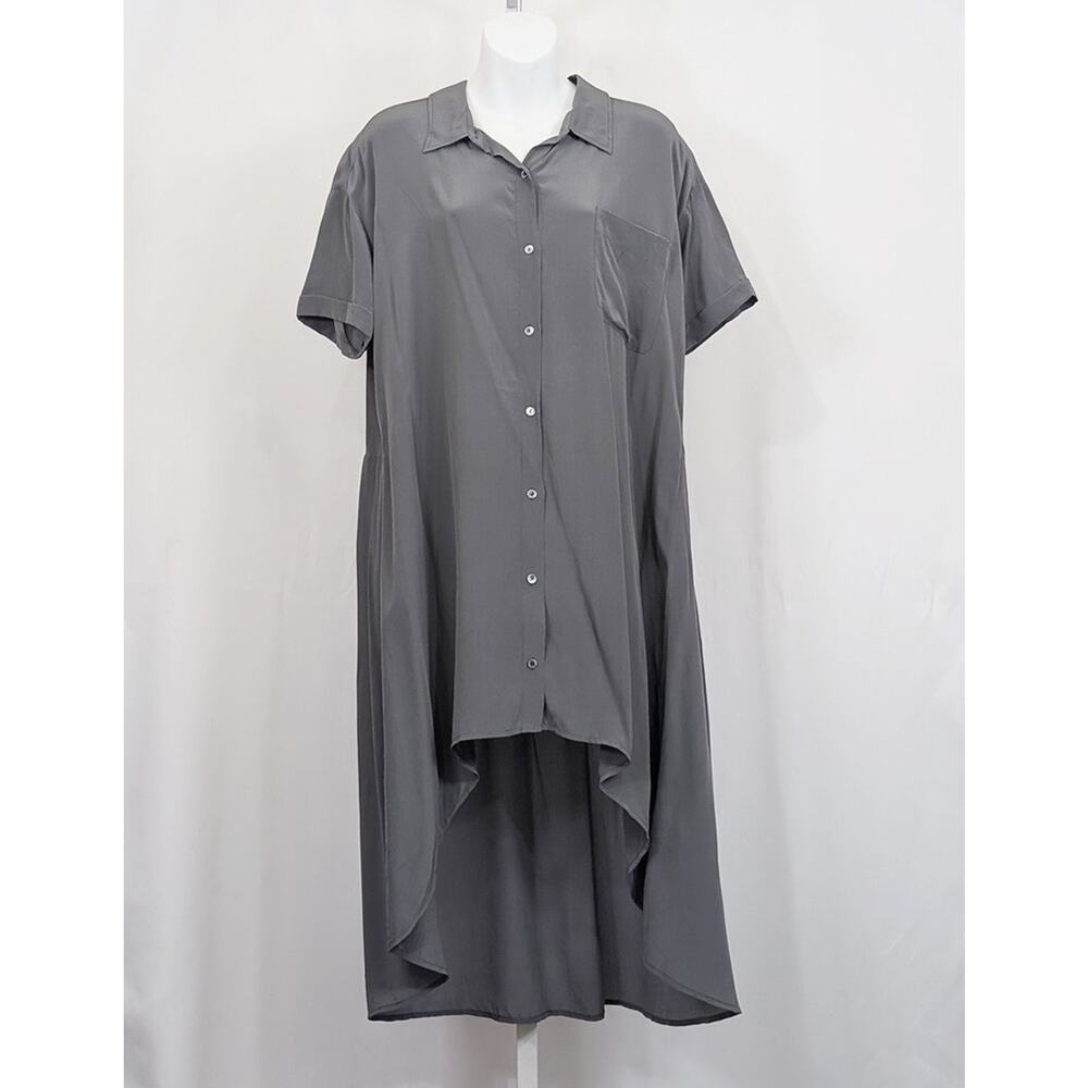 Eileen Fisher Dress Gray Silk Button Front High Low Hem Women's Size M